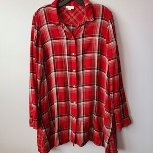 J Jill Flared Red Plaid Long Sleeve Button-Up Tunic Shirt Rayon Flannel Sz M